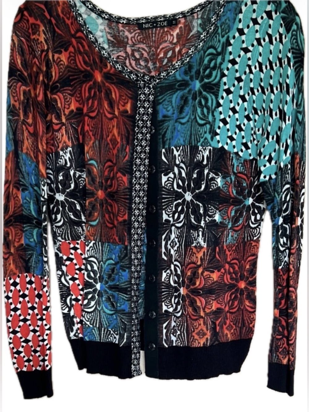 NIC+ZOE Colorful Abstract Patchwork Cardigan - Size Large - Silk Cotton Blend